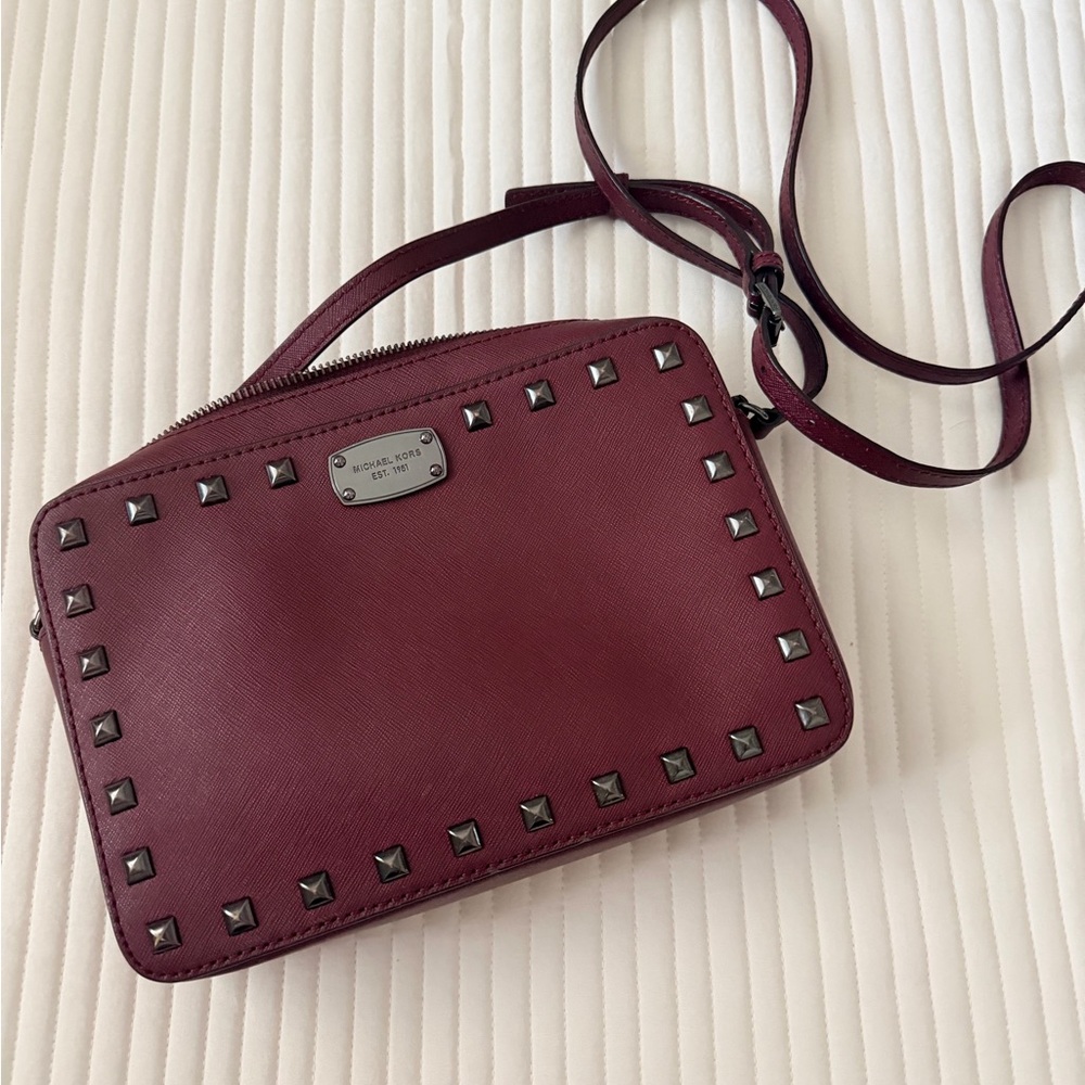 Michael Kors Sandrine Dark Red Studded affine Leather Crossbody Bag - Picture 2 of 3